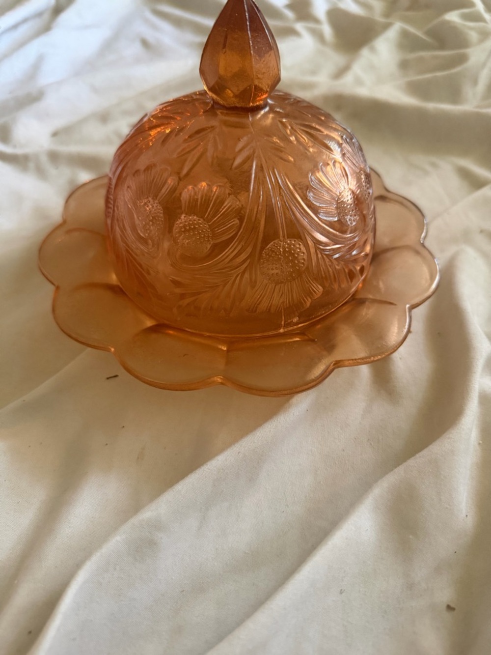 Depression Glass Butter Dish with Floral Dome - Peach/Amber